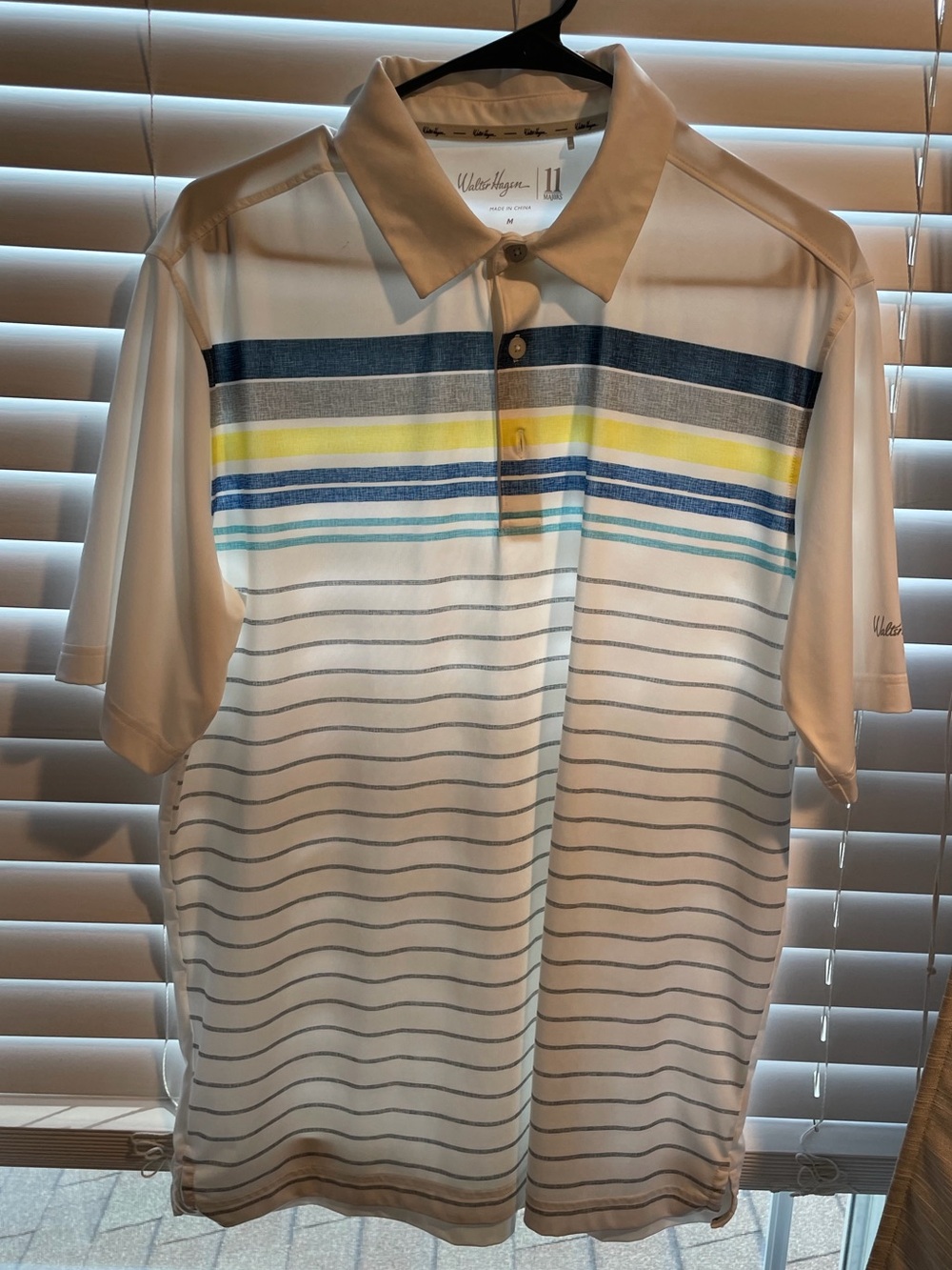 Walter Hagen Men’s White Striped Polo Shirt with Blue & Yellow Accents